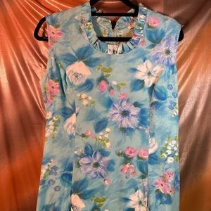 VINTAGE 1960’s blue floral cotton sheath dress. 40” chest. 36” waist. 200 ACE